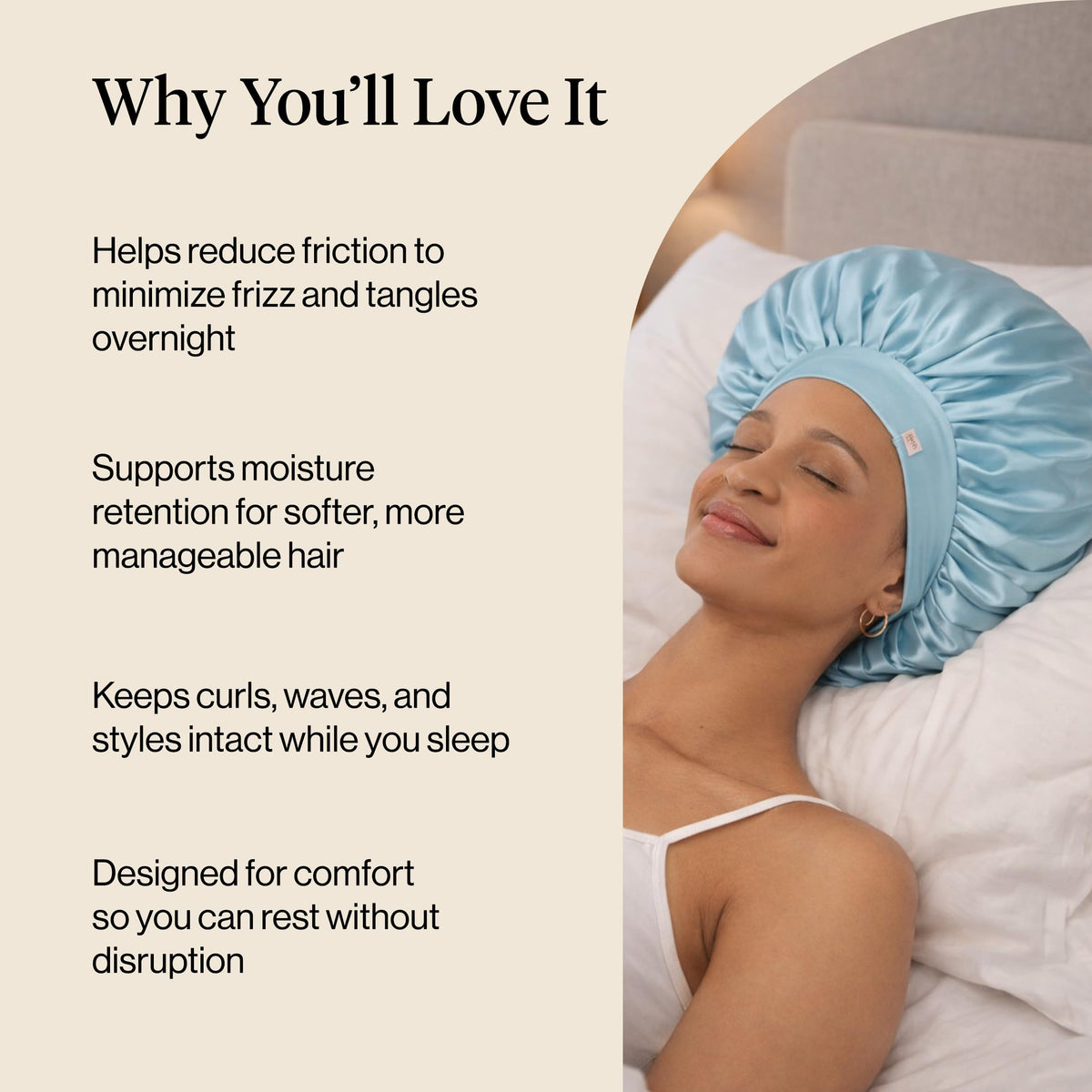 Kitsch bonnet containing long hair to prevent tangles and breakage overnight