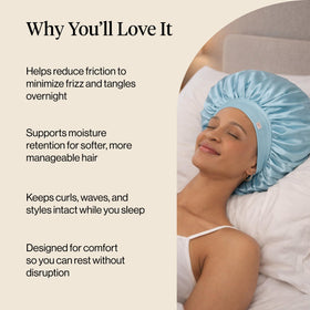 Kitsch bonnet containing long hair to prevent tangles and breakage overnight