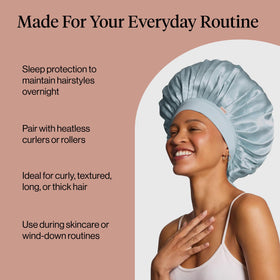Kitsch bonnet pictured with heatless rollers to protect and maintain curls