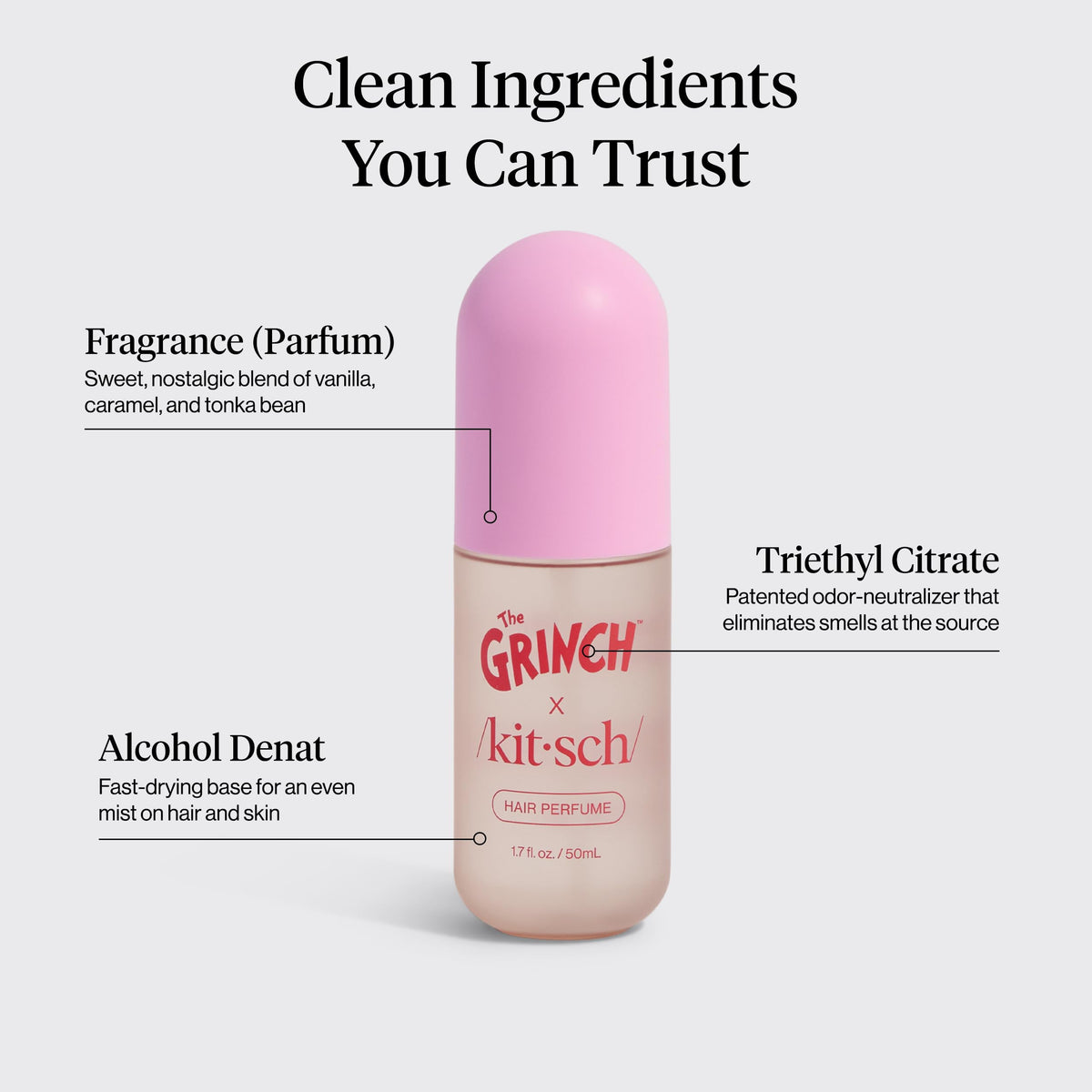 Kitsch bottle in hand to show 50mL scale for convenient travel benefit