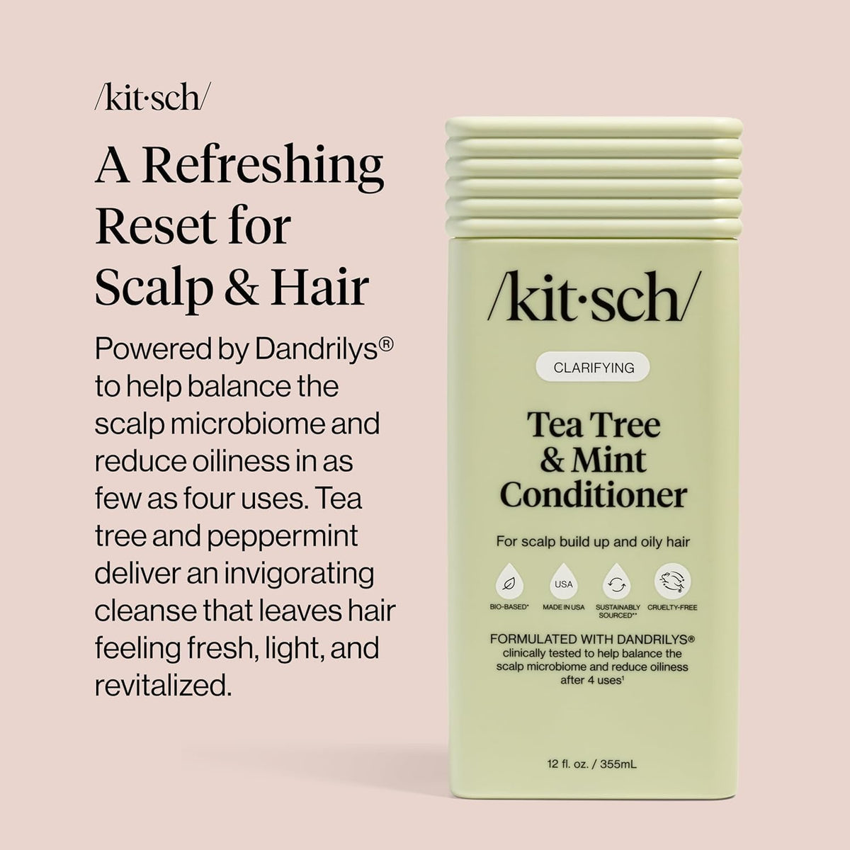 Kitsch bottle on recyclable PCR packaging, emphasizes eco-conscious sustainable choice