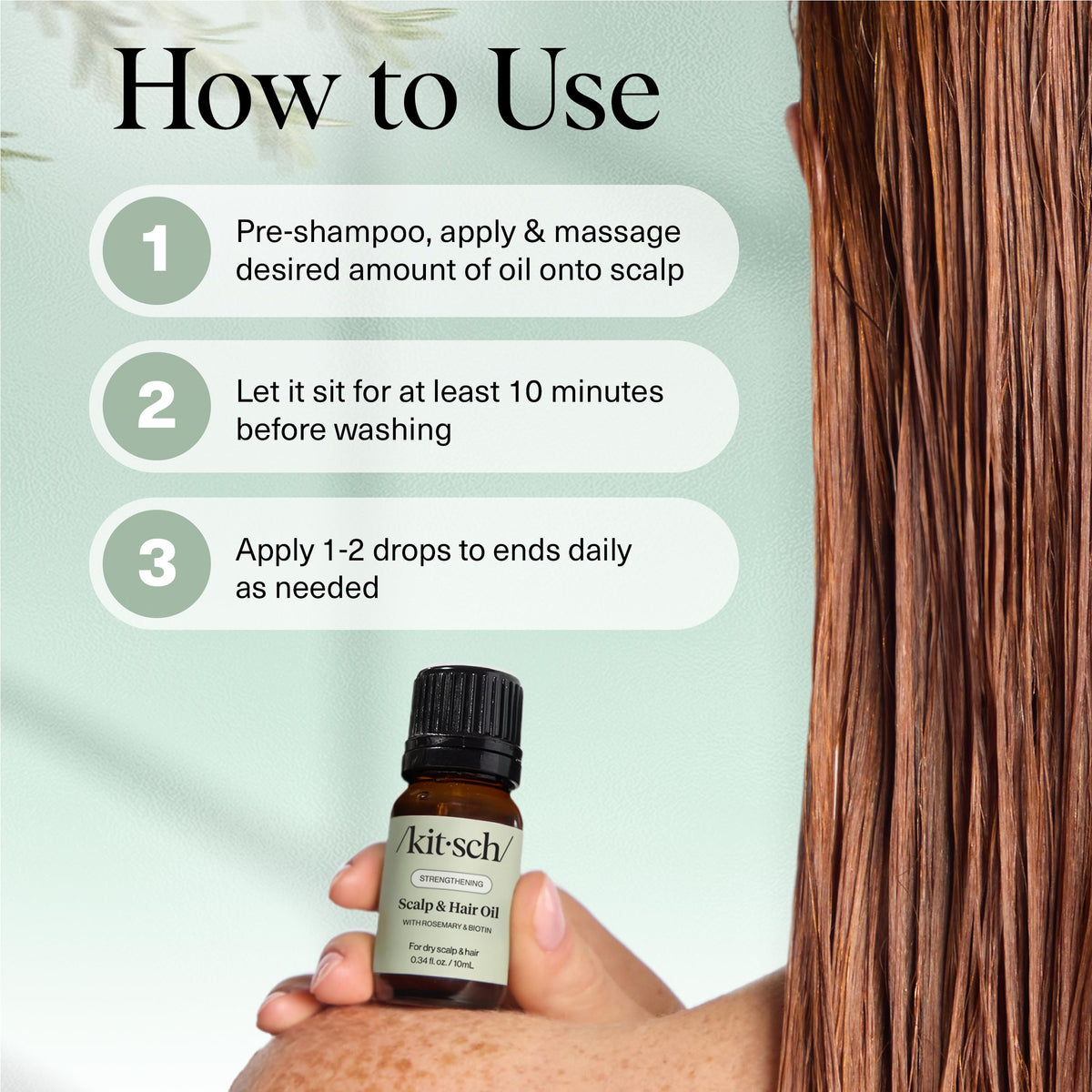 Kitsch bottle next to castor jojoba argan ingredients, highlights nourishing botanical blend