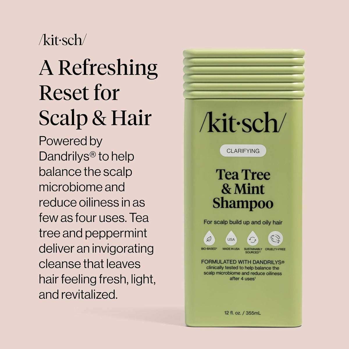 Kitsch shampoo on bathroom shelf staged for refreshing routine