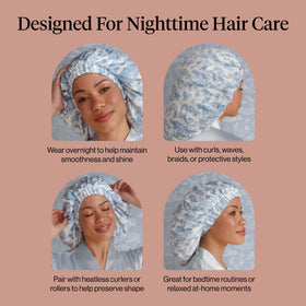 Kitsch Bridgerton bonnet worn with heatless curlers preserving curl shape