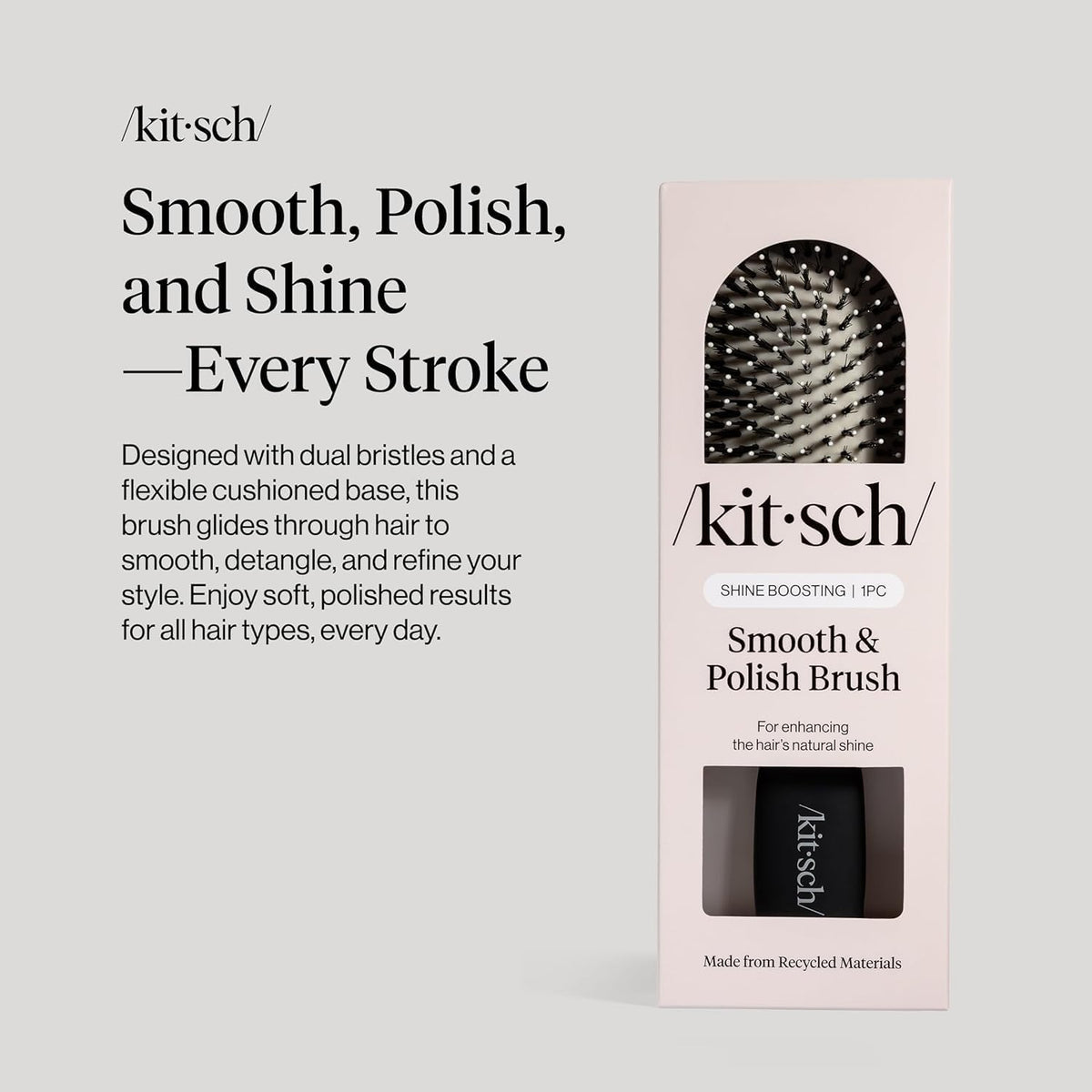 Kitsch close-up of dual vegan boar and nylon bristles for detangling and shine