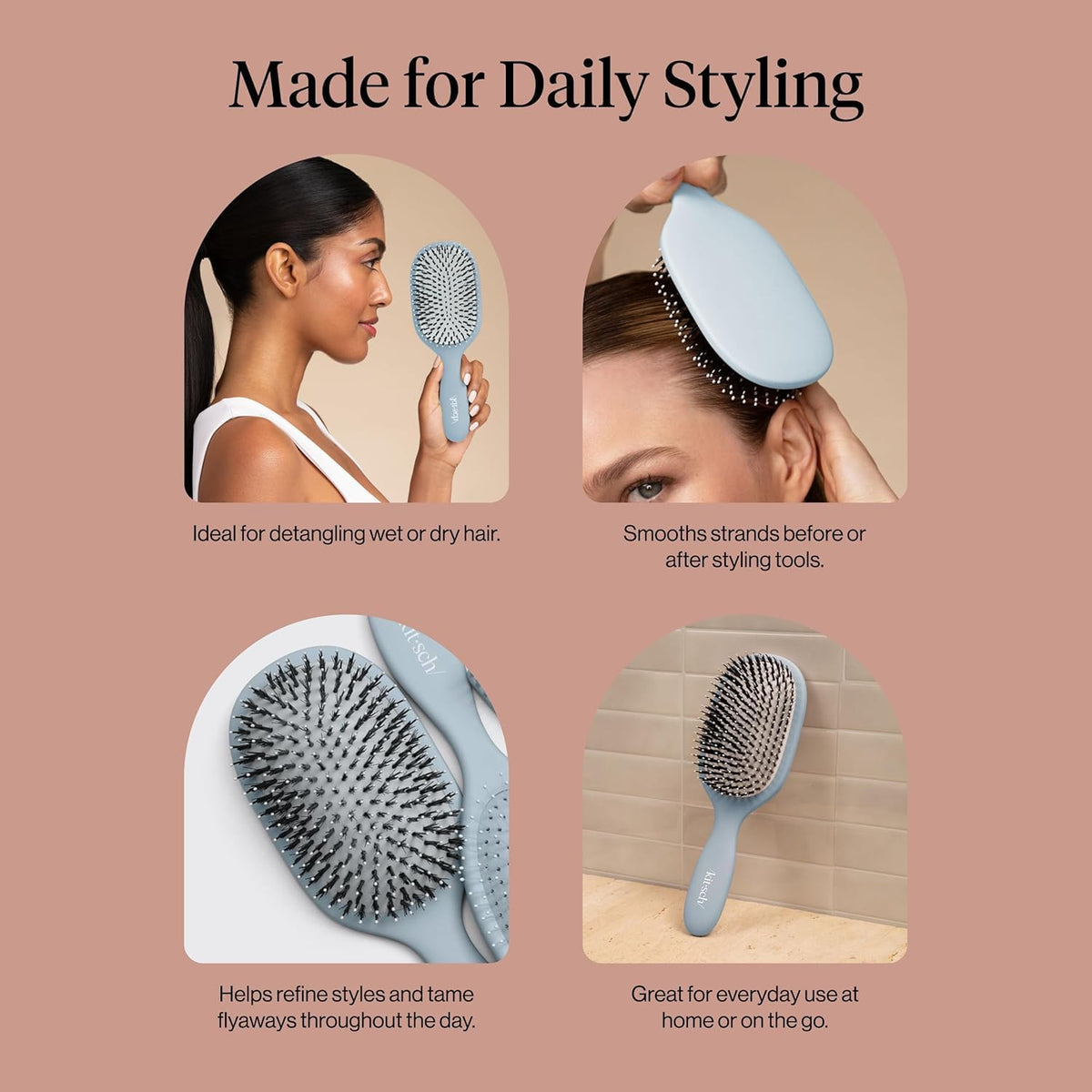 Kitsch brush detangling long hair in use to smooth strands and reduce breakage