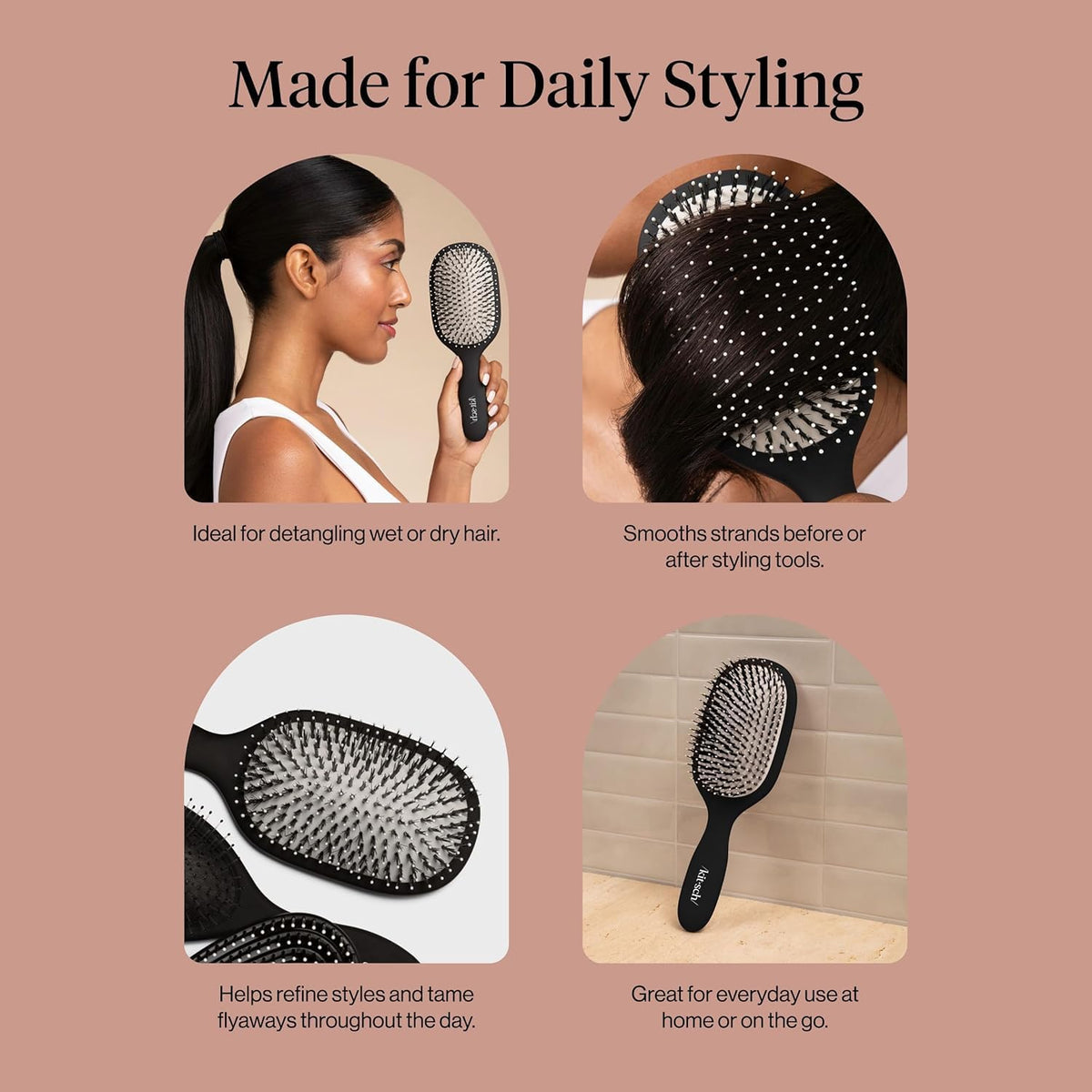 Kitsch brush on dresser among accessories portraying daily styling routine
