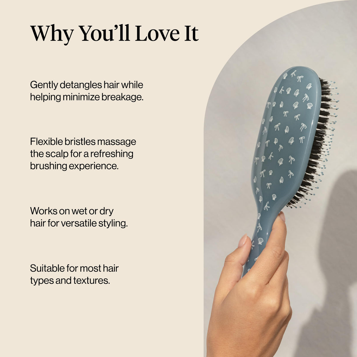 Kitsch brushing wavy hair demonstrating smoother, frizz-controlled finish