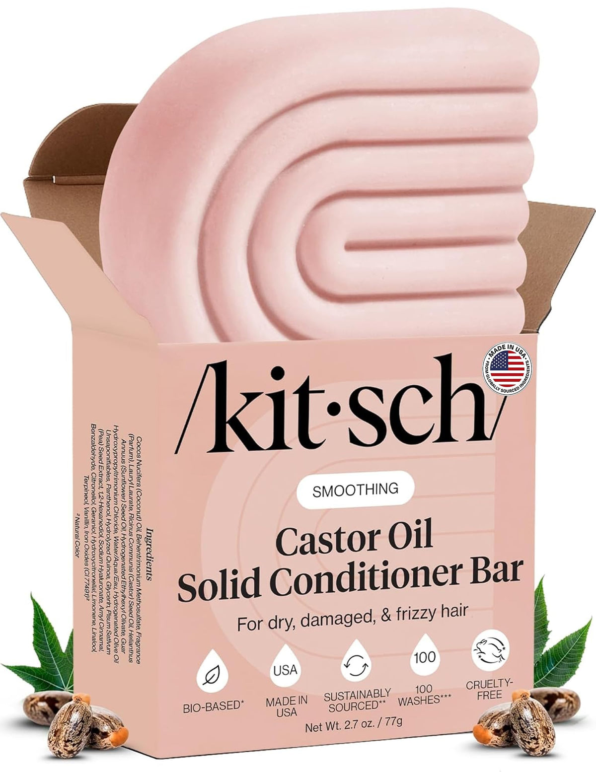 Kitsch front packaging of castor oil conditioner bar showing brand and product benefits