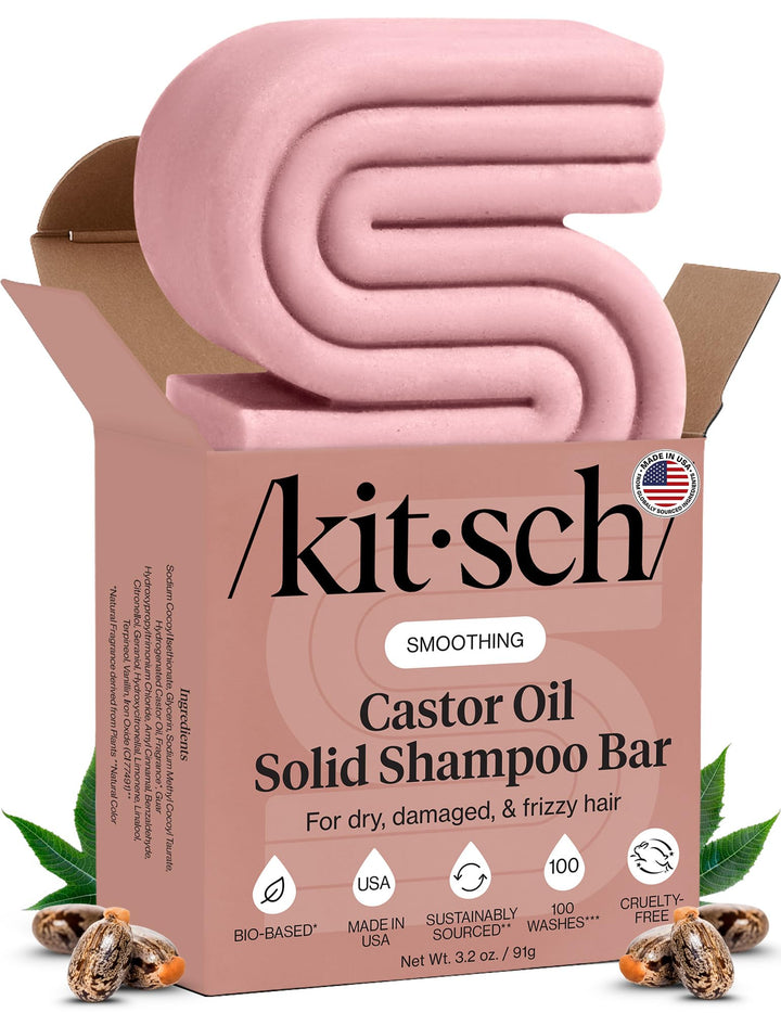 Kitsch shampoo bar front packaging showing product benefits and eco claim