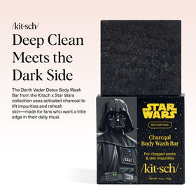 Kitsch close-up of activated charcoal soap texture revealing deep-cleaning surface action
