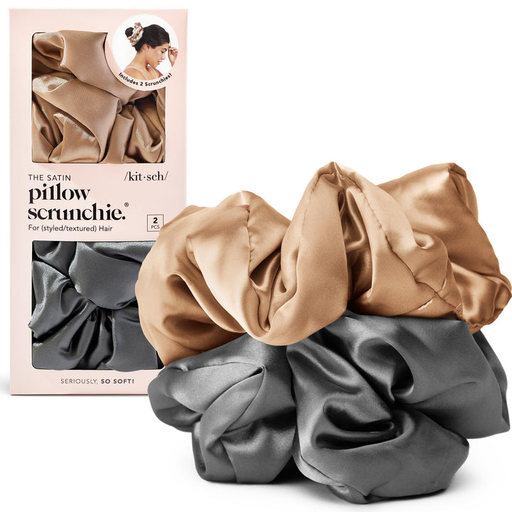 Kitsch front view showing charcoal and gold scrunchies, stylish daily accessory