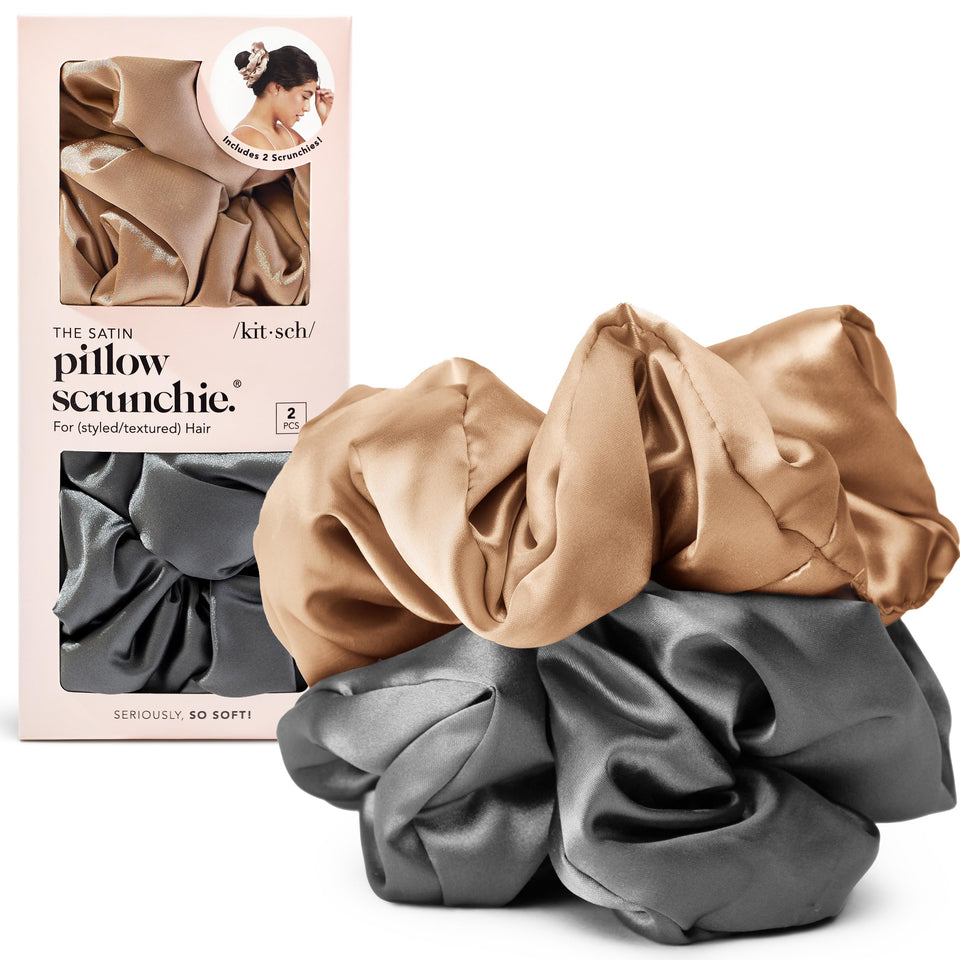 Kitsch front view showing charcoal and gold scrunchies, stylish daily accessory