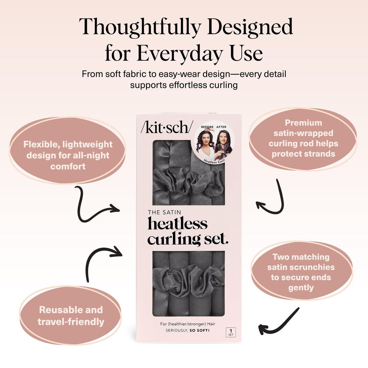 Kitsch matching satin scrunchies detail demonstrating gentle secure hold