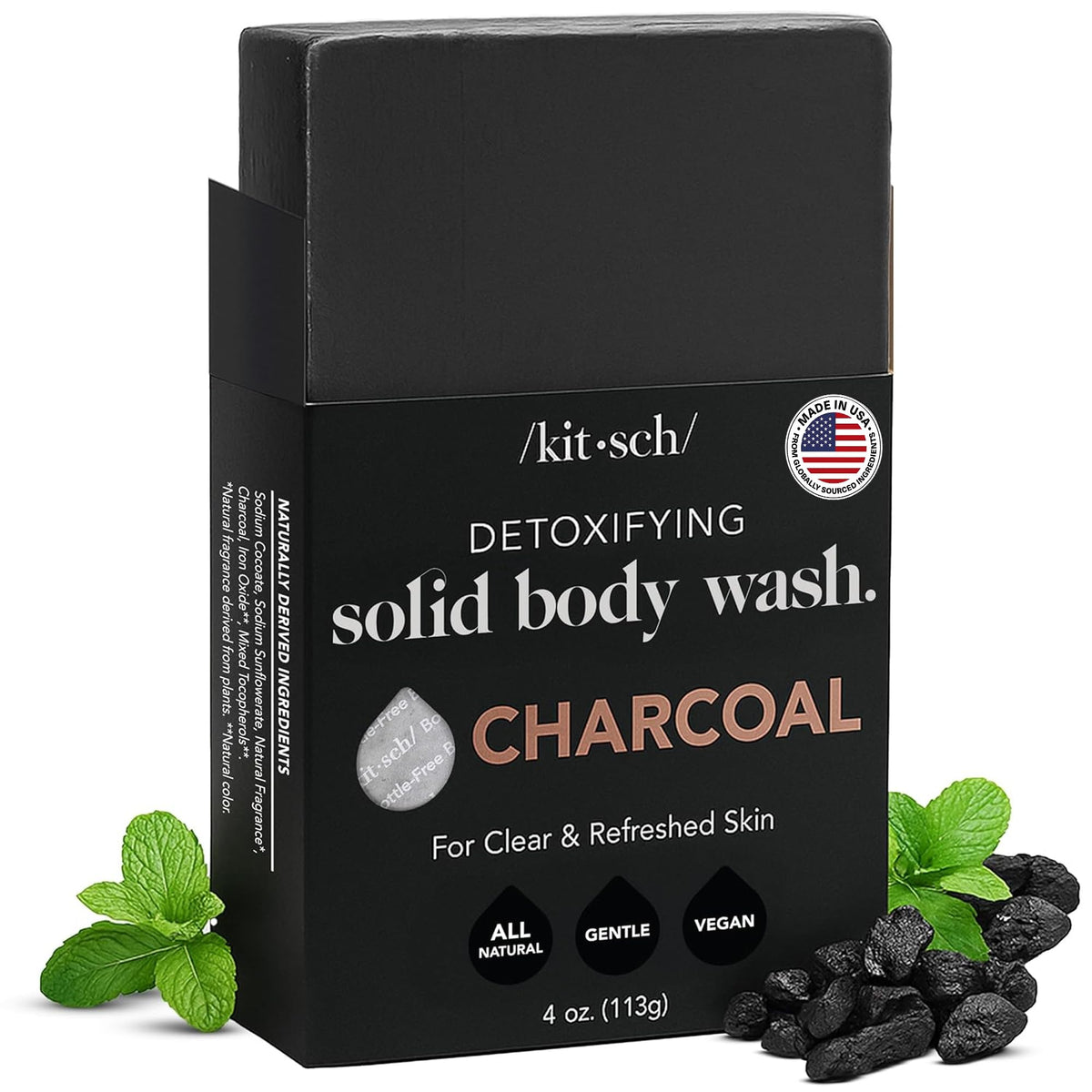 Kitsch charcoal soap front packaging shows eco-friendly bar and scent
