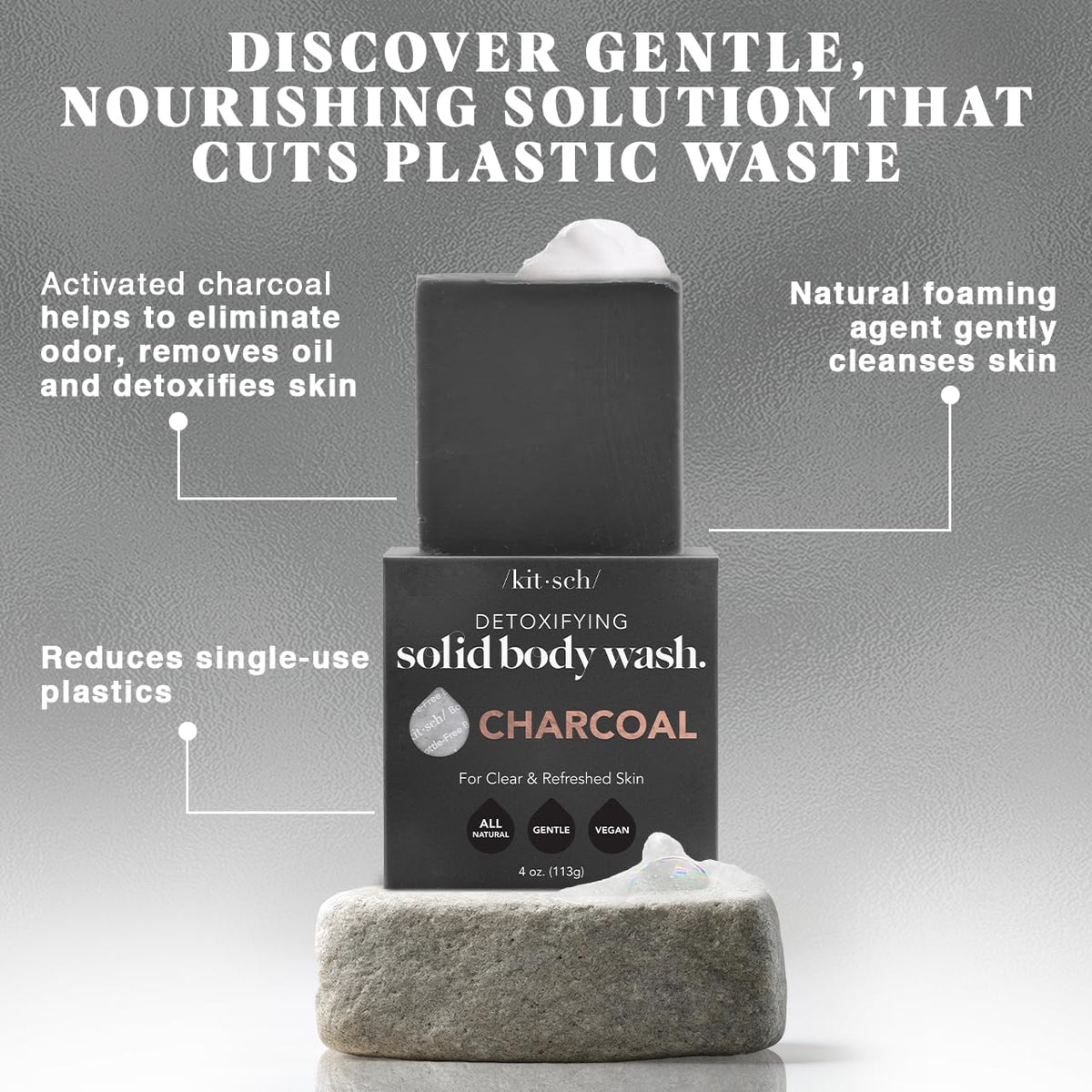 Kitsch charcoal soap lather in hand demonstrates deep-cleaning foam