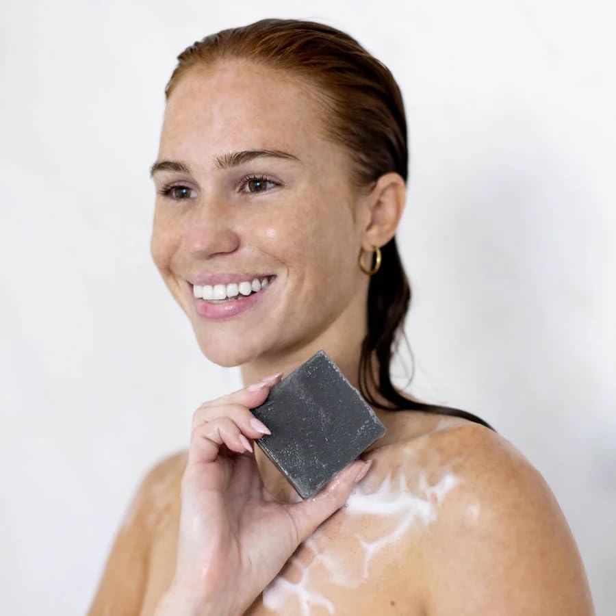 Kitsch charcoal soap on bathroom shelf showing organized, sustainable routine
