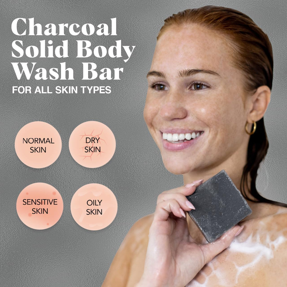 Kitsch charcoal soap beside hand for size comparison and portable benefit