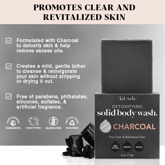 Kitsch charcoal soap close-up texture highlights activated charcoal benefit
