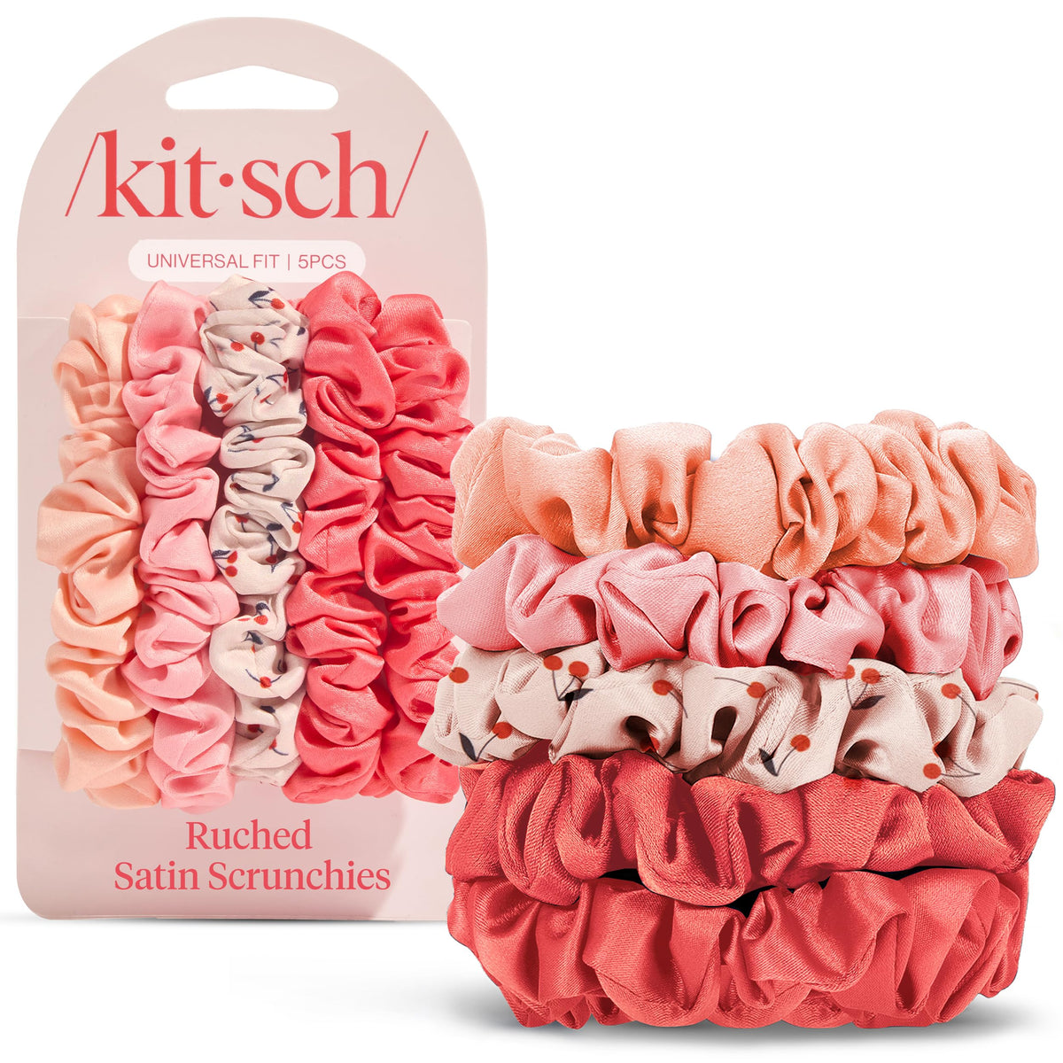 Kitsch Cherry Blossom scrunchies front packaging showing set and color benefits