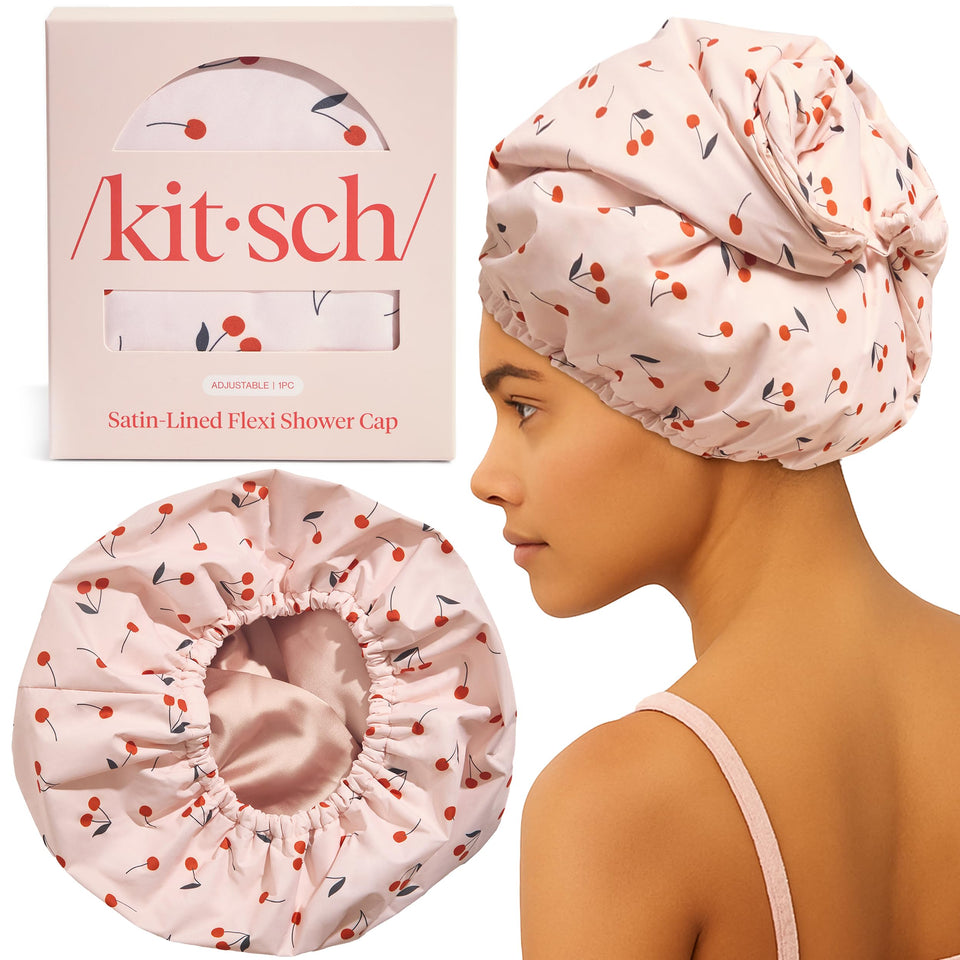 Kitsch cherry print front view showing stylish waterproof cap preserving hairstyle