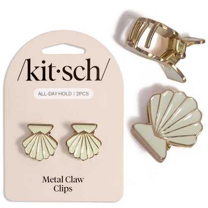 Kitsch clam shell front view showing gold and pearlized cream finish and elegant look