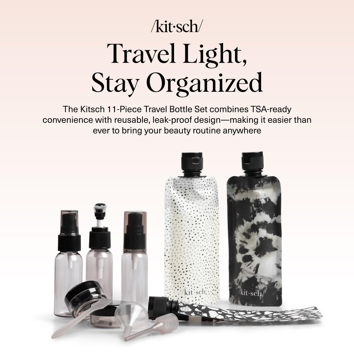 Kitsch clear 1 qt pouch open with bottles inside for quick airport security screening