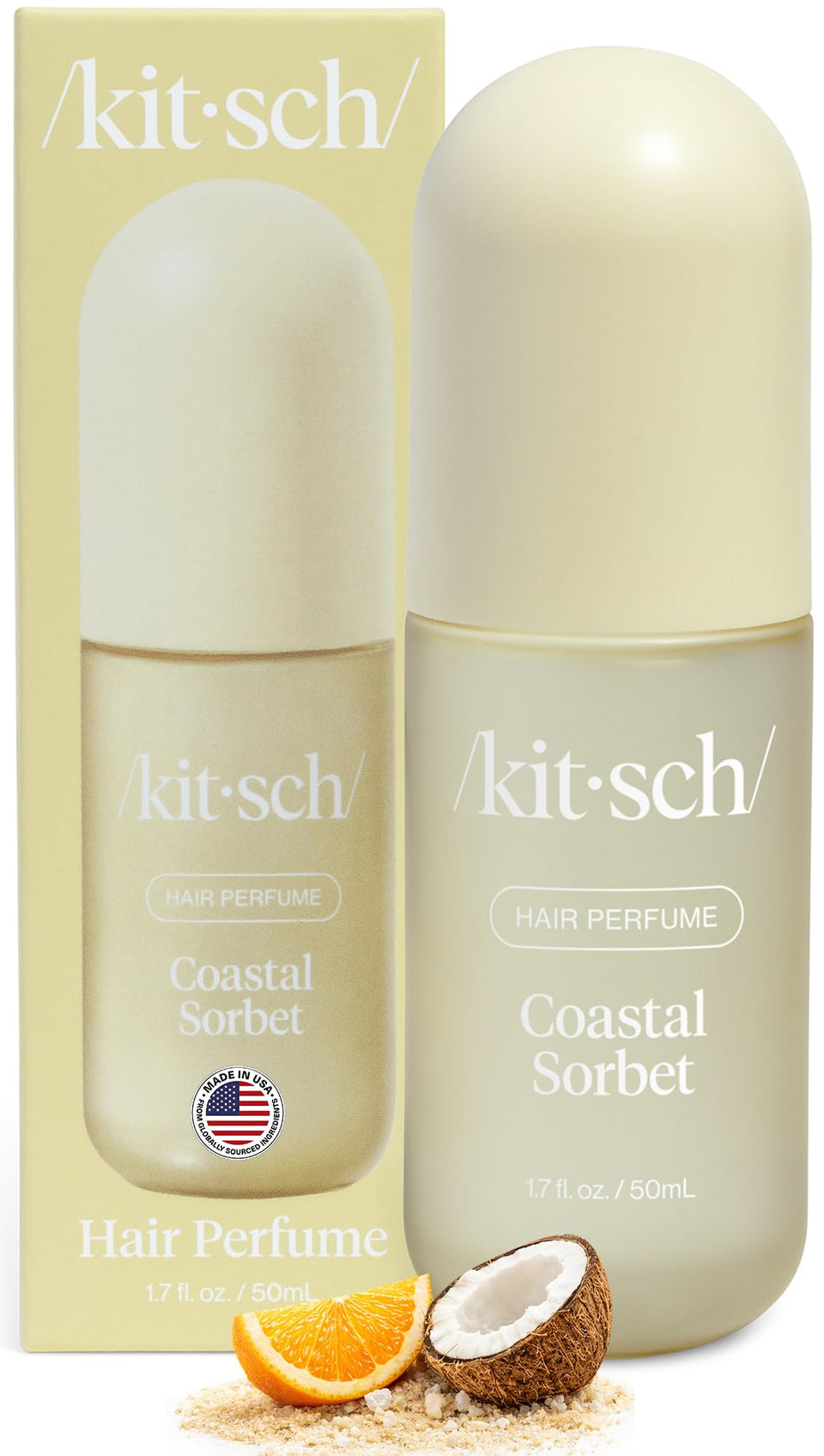 Kitsch bottle front packaging showing Coastal Sorbet scent and compact size