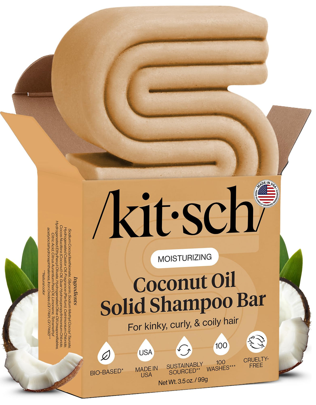 Kitsch front packaging of coconut oil shampoo bar showing compact eco-friendly form