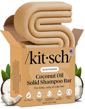 Kitsch front packaging of coconut oil shampoo bar showing compact eco-friendly form