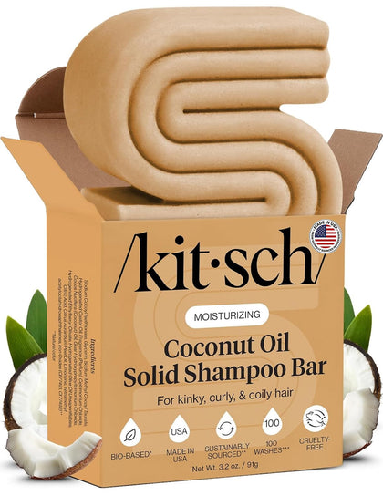 Kitsch coconut oil shampoo bar front packaging showing weight and branding benefit travel-friendly