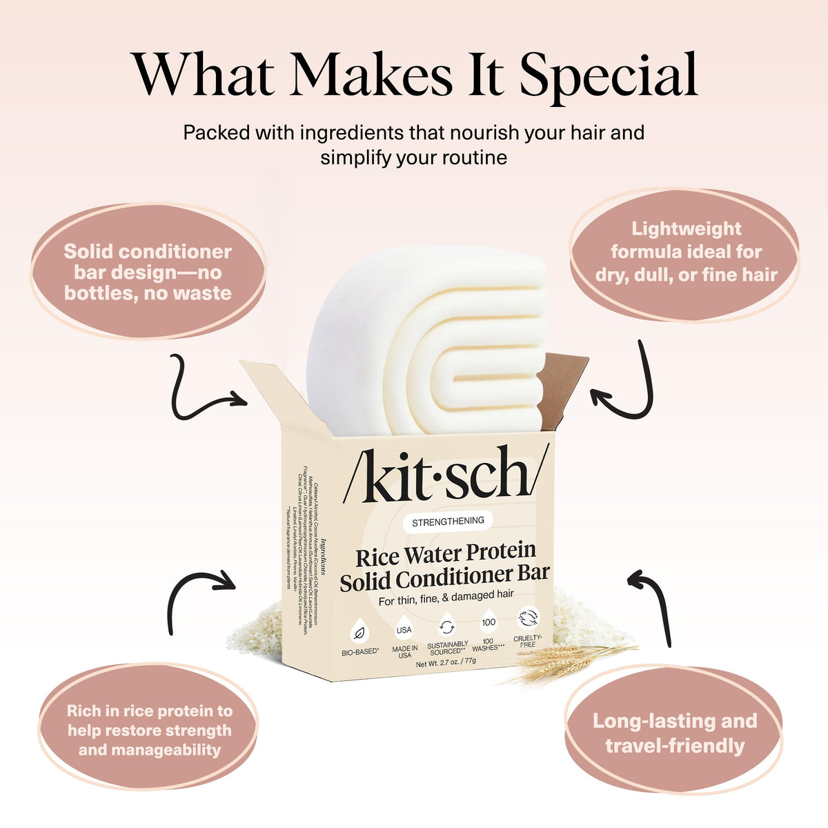 Kitsch conditioner bar held in hand for size, emphasizes travel-friendly convenience