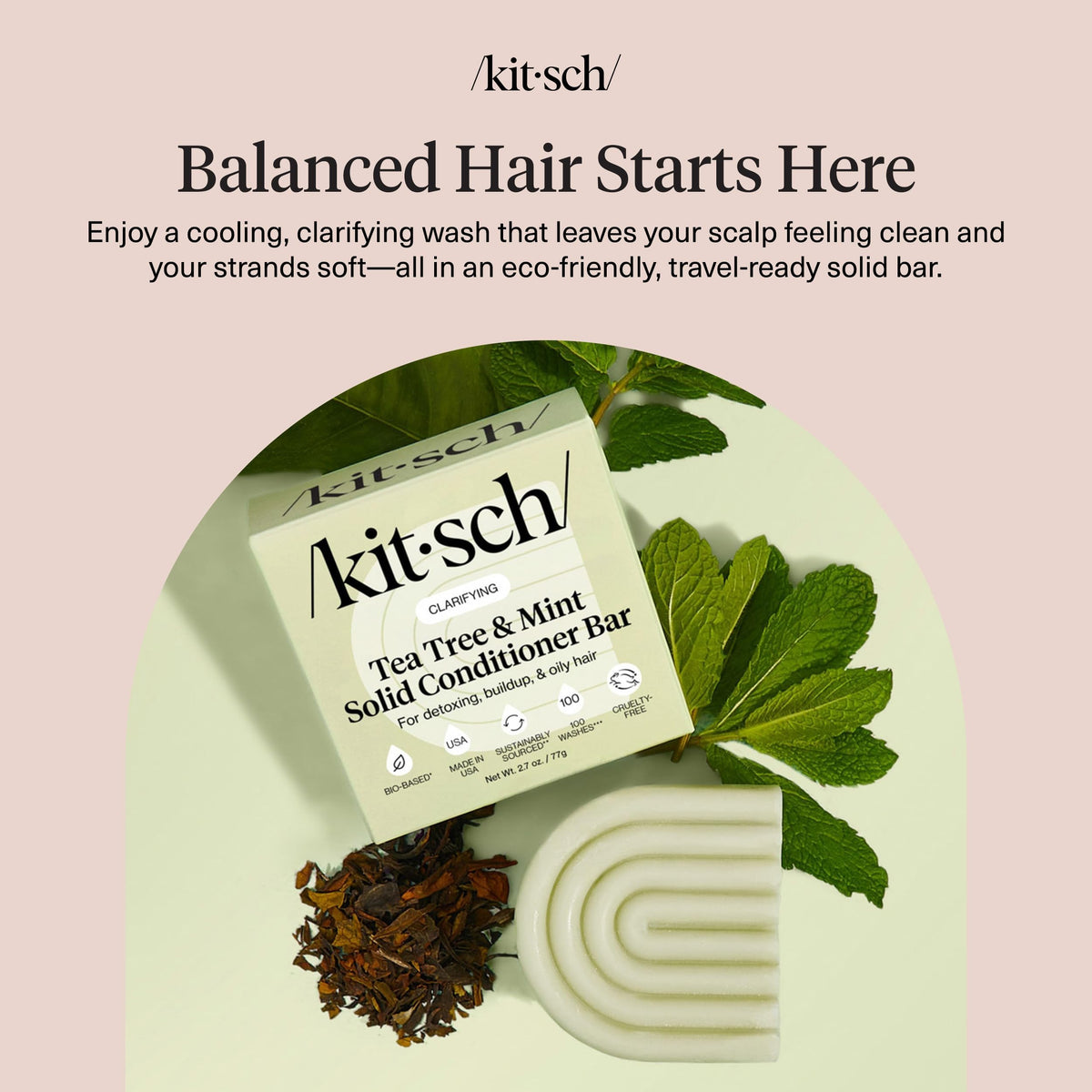 Kitsch conditioner bar producing lather to demonstrate gentle cleansing and slip