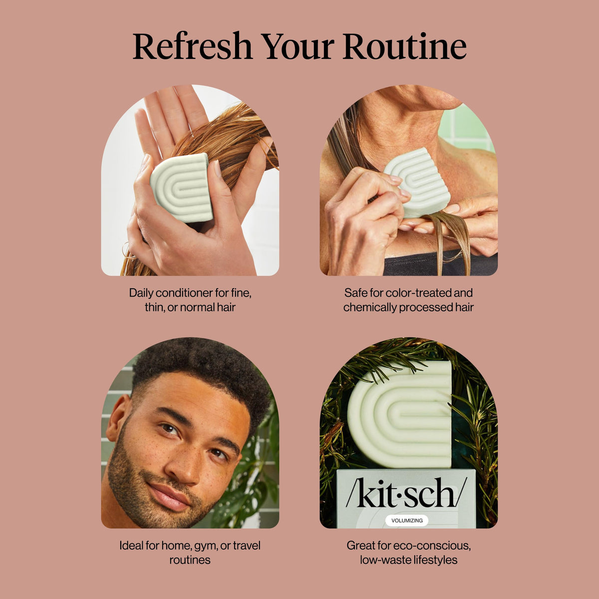 Kitsch conditioner bar creating light lather on wet hair to demonstrate easy application and detangling
