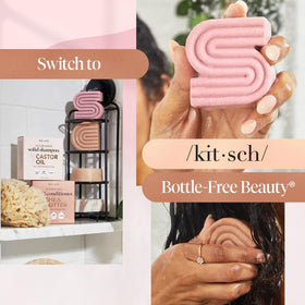 Kitsch conditioner bar being smoothed onto hair ends for frizz control and softness
