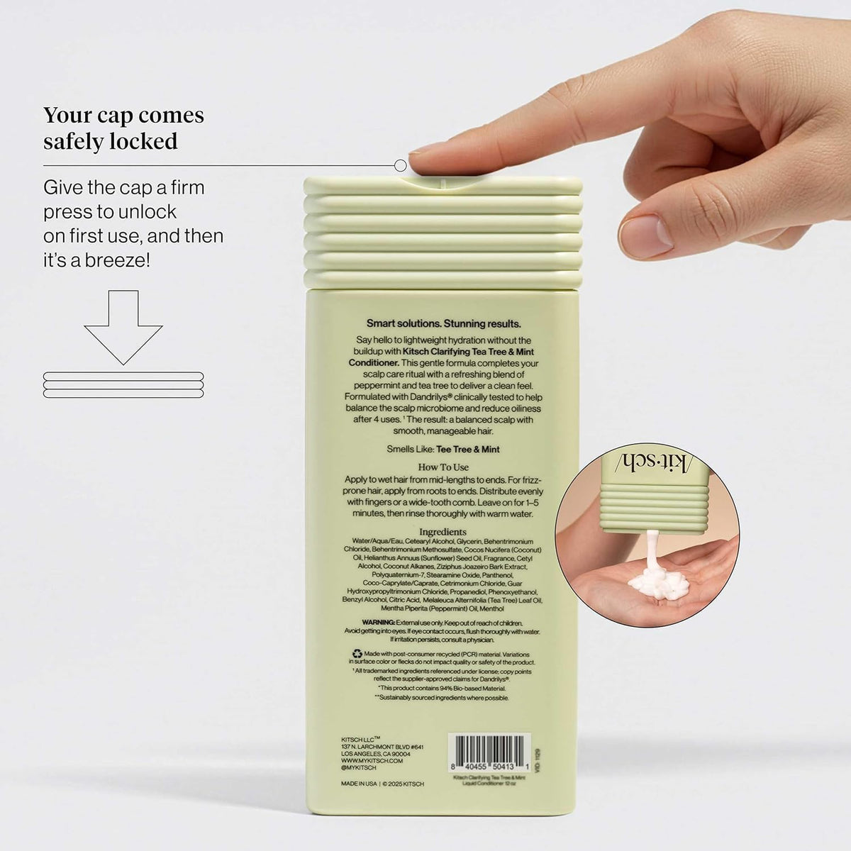 Kitsch conditioner pouring into hand, demonstrates lightweight hydration without build-up