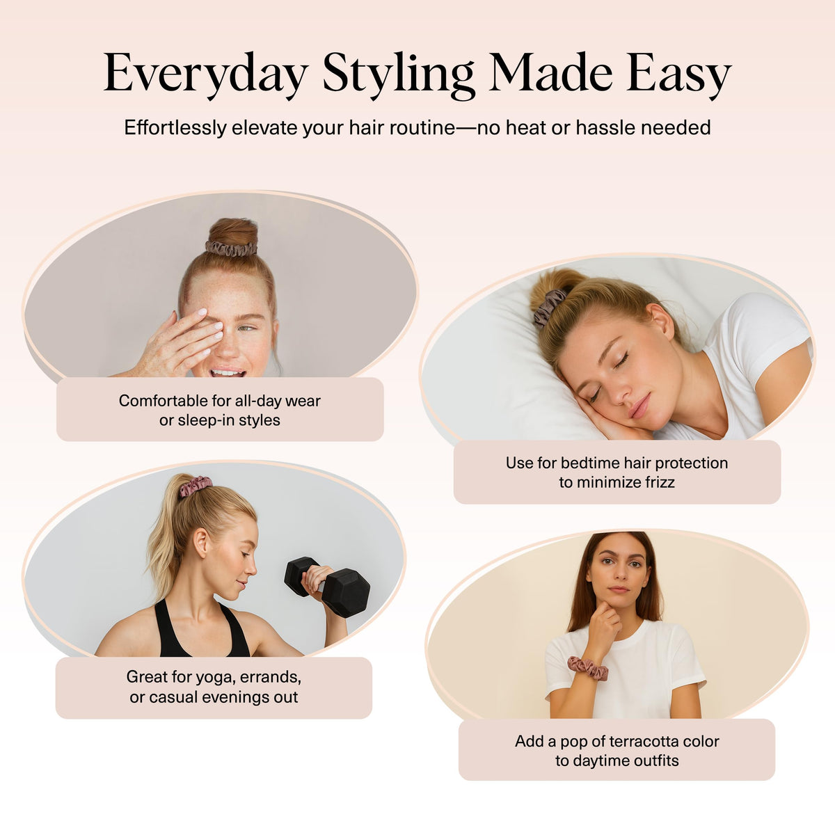 Kitsch scrunchie on curly hair demonstrating gentle grip and minimized breakage