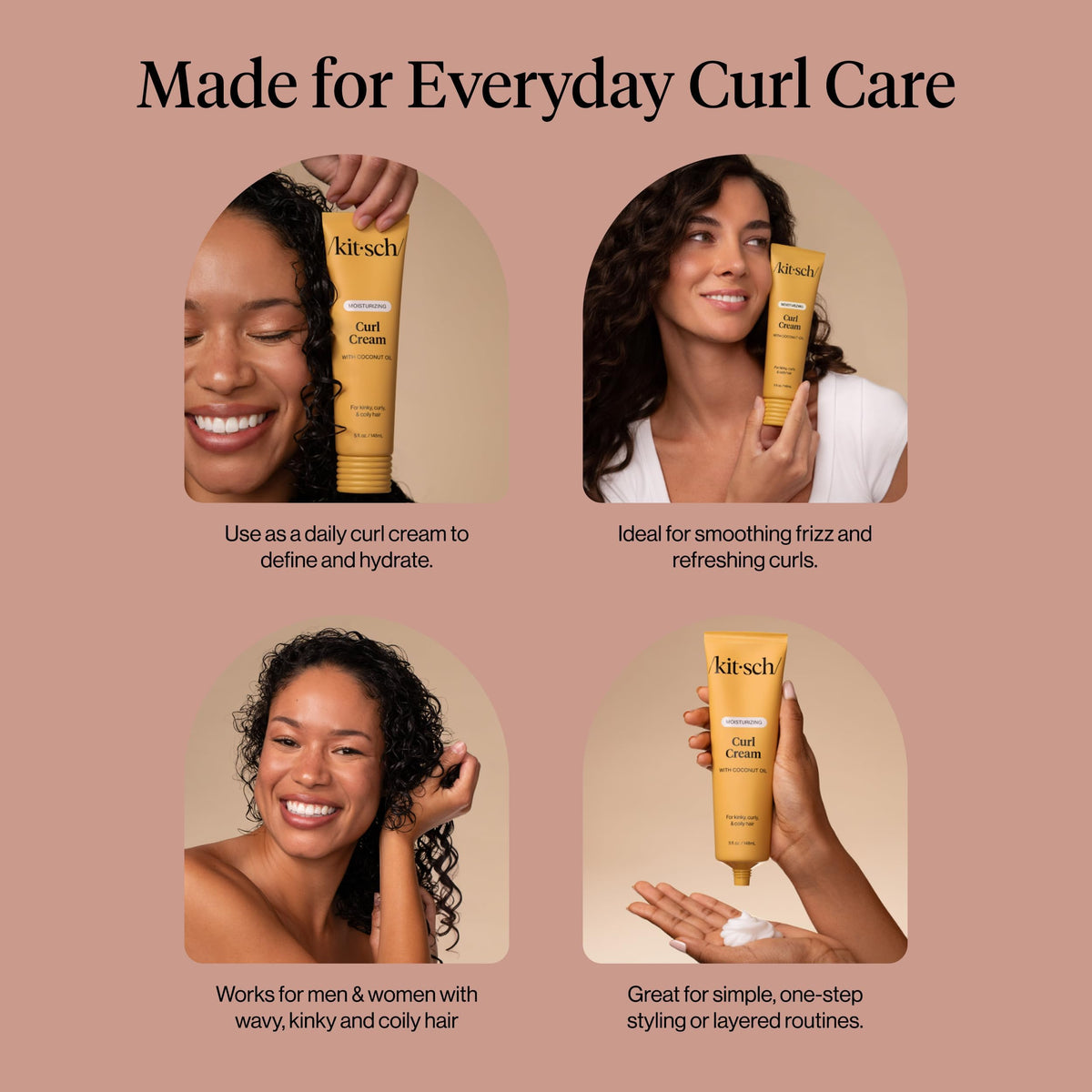 Kitsch lifestyle shot of a person using curl cream in bathroom routine for everyday styling