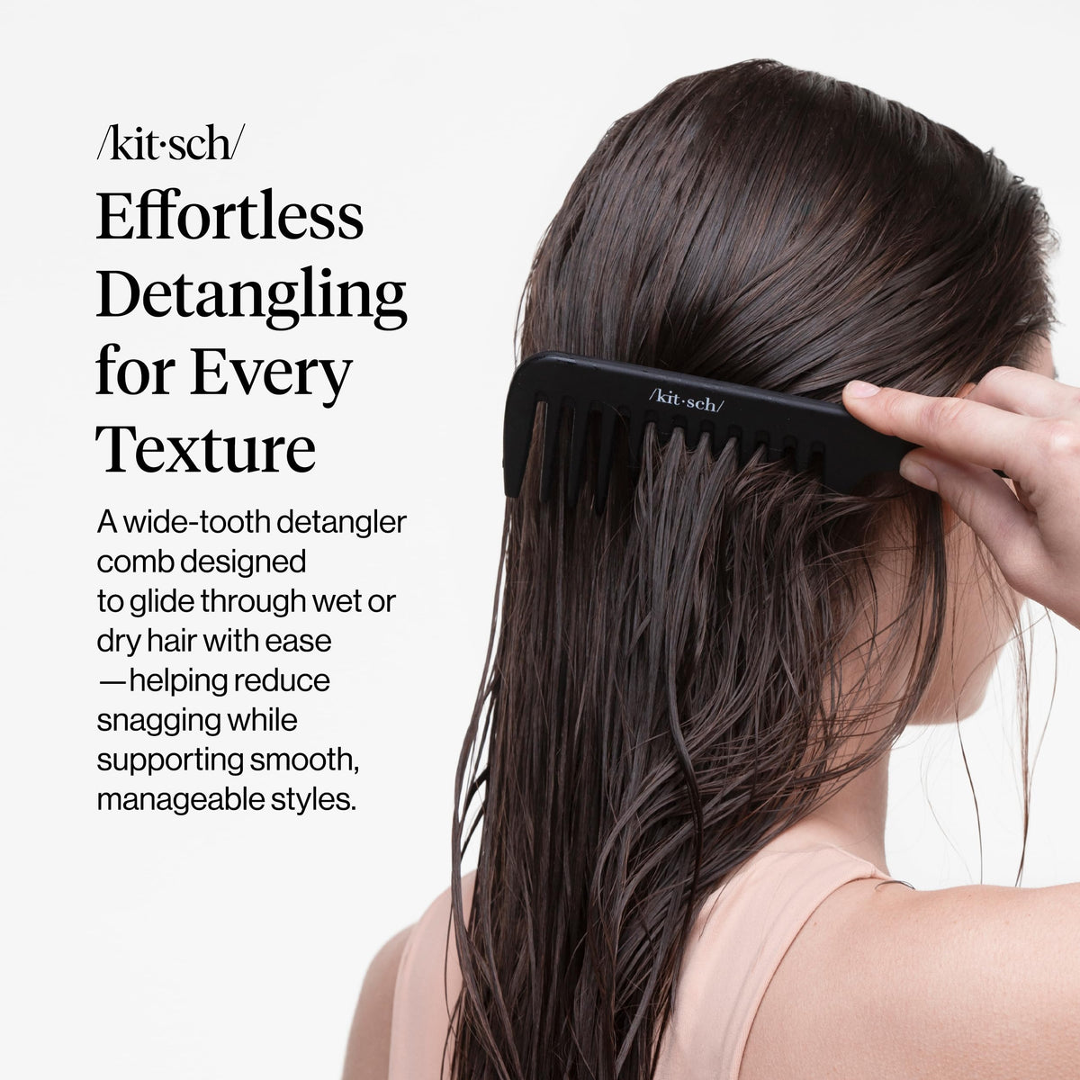 Kitsch curved handle closeup offering a non-slip grip for steadier combing