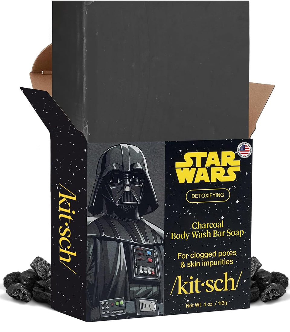 Kitsch front view of Darth-shaped soap showing collectible design and daily cleansing benefit