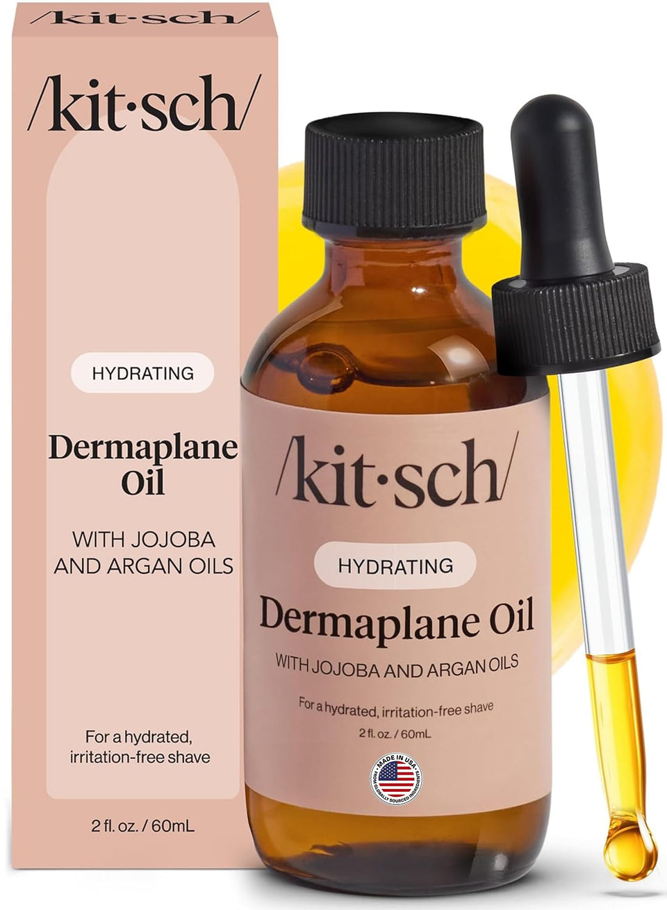 Kitsch bottle front view showing sleek packaging and clear oil benefits