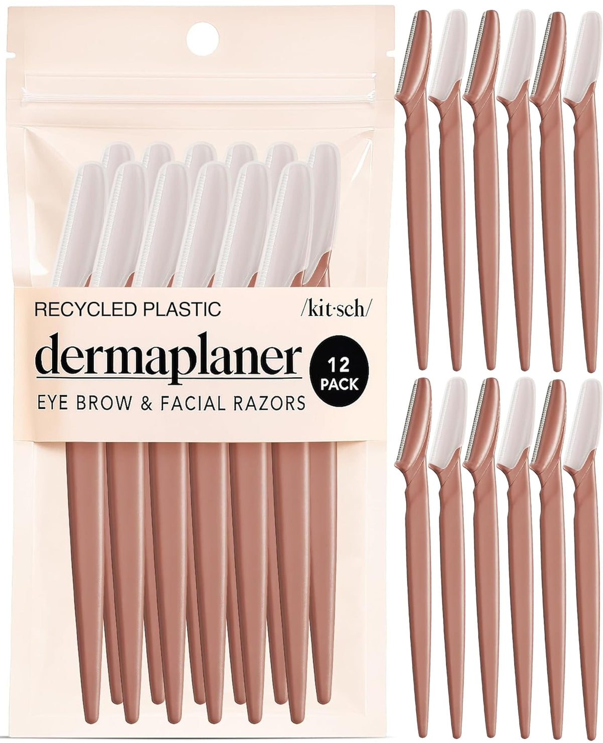 Kitsch dermaplane razor front packaging in terracotta shows travel-friendly convenience