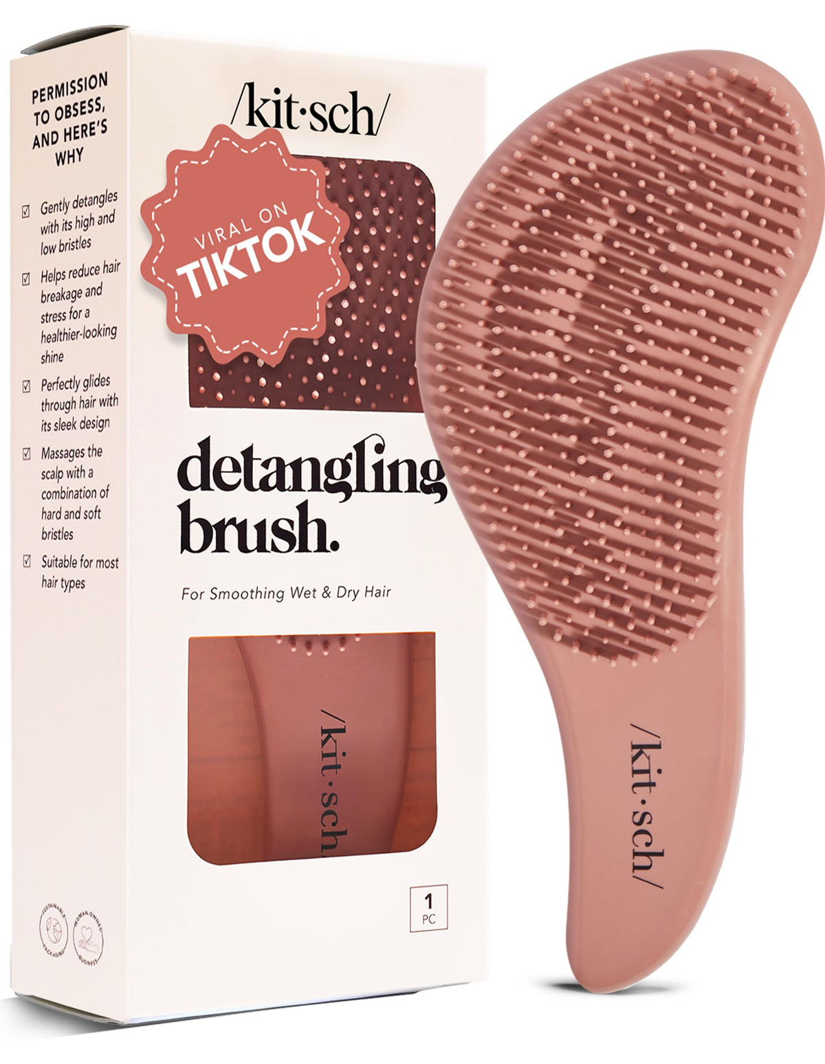 Kitsch detangler brush front view showing compact terracotta design and portability
