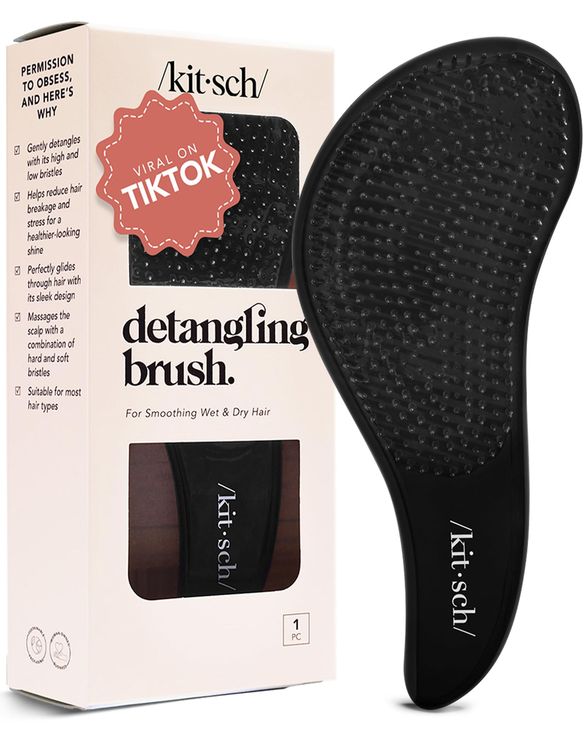 Kitsch front view of brush showing compact shape and easy grip for quick detangling
