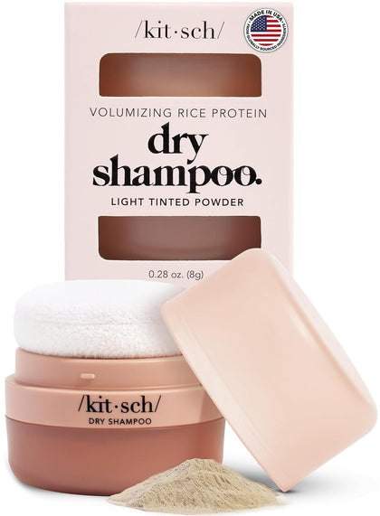 Kitsch front tin showing compact travel dry shampoo and branding for convenience