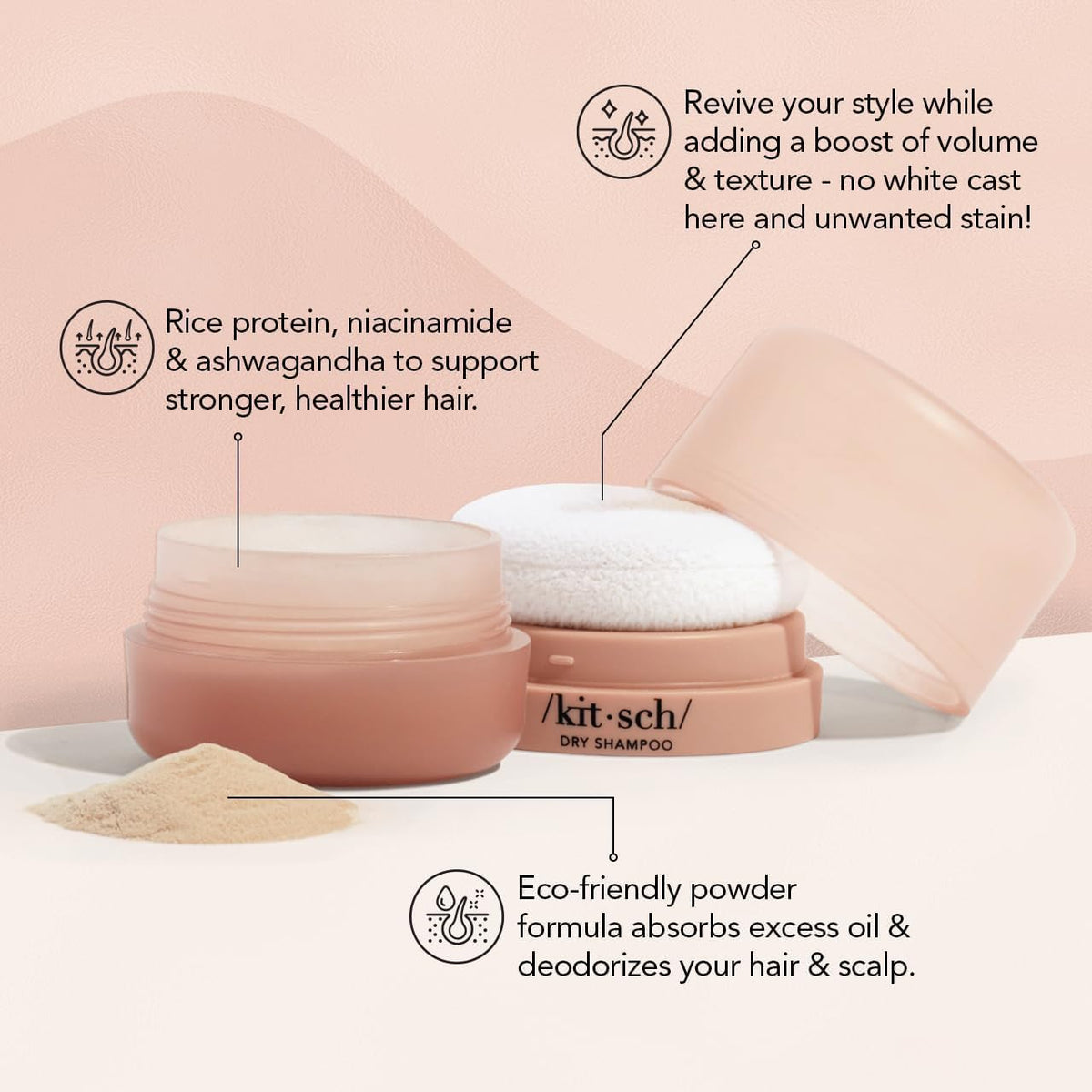 Kitsch open tin with built-in puff demonstrating easy, mess-free application