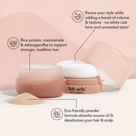 Kitsch open tin with built-in puff demonstrating easy, mess-free application
