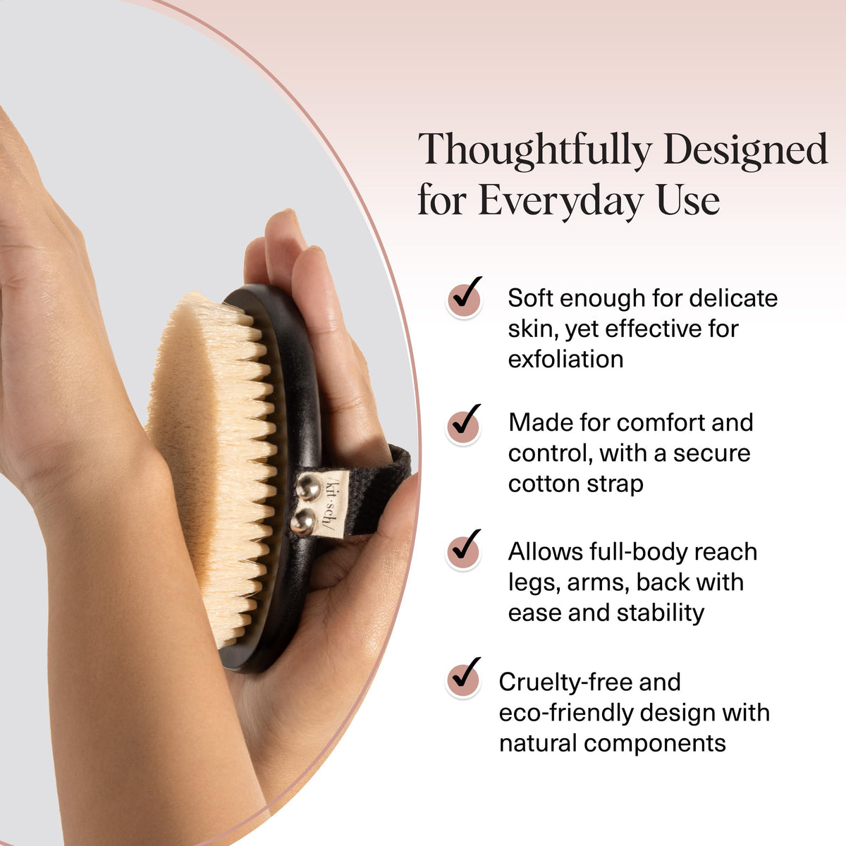 Kitsch ergonomic wooden handle displayed to show comfortable grip for full-body brushing