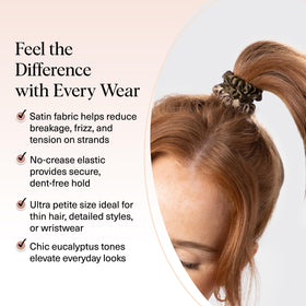 Kitsch model wearing a eucalyptus scrunchie in a ponytail for no‑crease hold