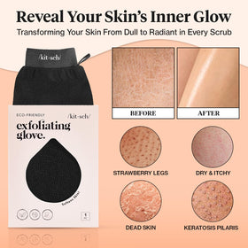 Kitsch before-and-after legs showing smoother skin after exfoliation
